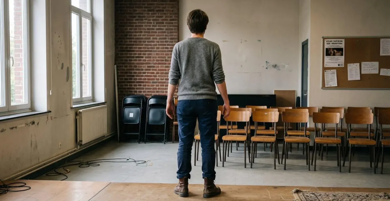 Une personne de dos sur une petite scène de théâtre dans une salle de répétition lumineuse avec des chaises vides en arrière-plan