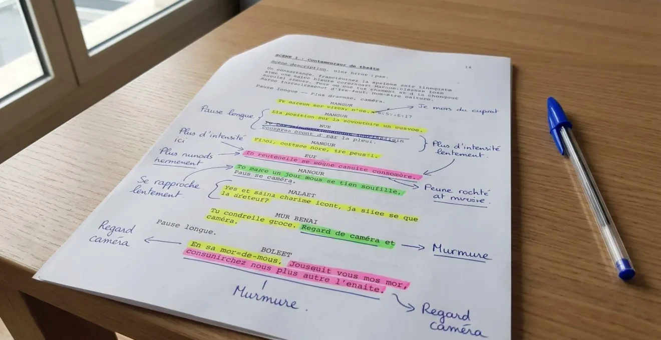 Gros plan sur un script de théâtre annoté avec des surlignements colorés et des notes manuscrites en français posé sur une table en bois