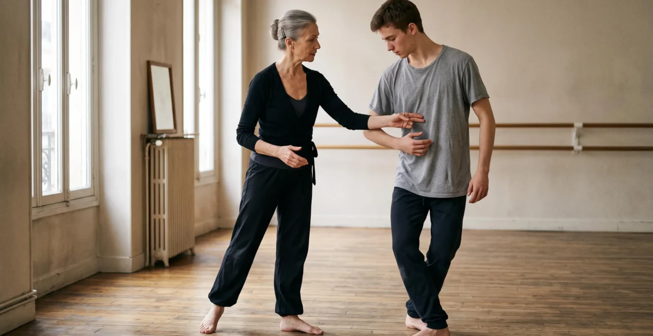 Professeur de danse corrigeant le placement corporel d'un étudiant lors d'une séance de préparation individuelle en studio